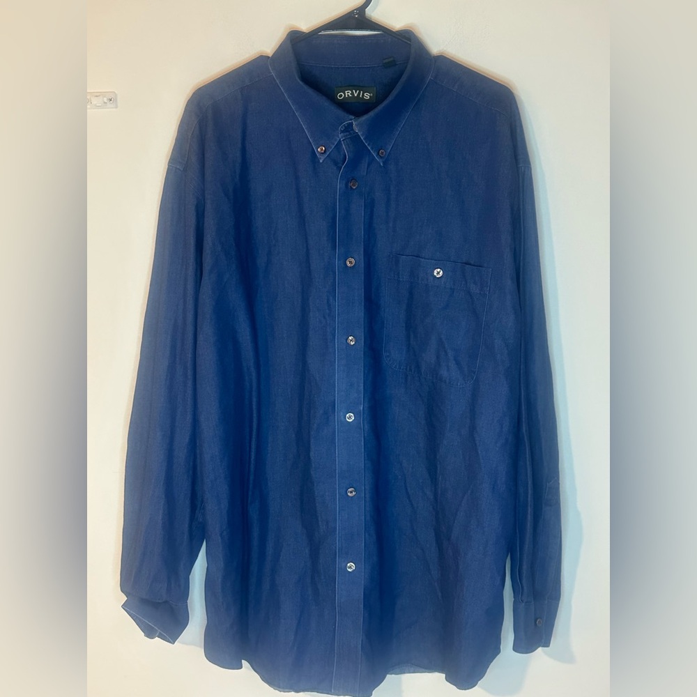 Orvis Men’s Blue Denim Long Sleeve Button Up Size XXL